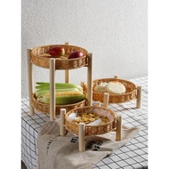 家用客廳茶幾雙層水果盤蛋糕盤甜品臺展示架水果擺盤簡約仿藤編織
