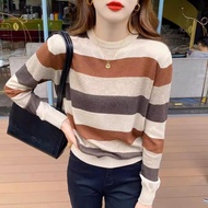 Striped Knitted Sweater Retro Round Neck Long Sleeve Soft Fabric Comfortable To Wear Easy Match--Mod