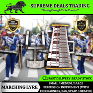 HIGH QUALITY MARCHING LYRE SMALL, MEDIUM, LARGE COMPLETE SET WITH HARNESS, BAG, STRAP AND BEATER