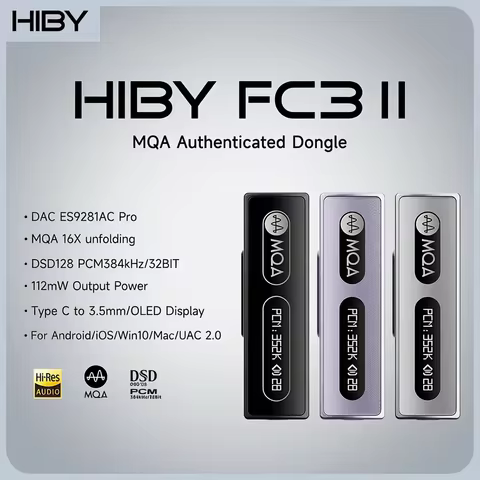 HiBy FC3 MQA Dongle Type C to 3.5mm 112mW Output USB DAC Audio HiFi Decoder Headphone AMP PCM384 DSD