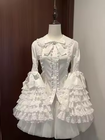 Lolita Lace Patchwork Bow Collar Shirt Women, Flare Sleeve Lovely Blouse
