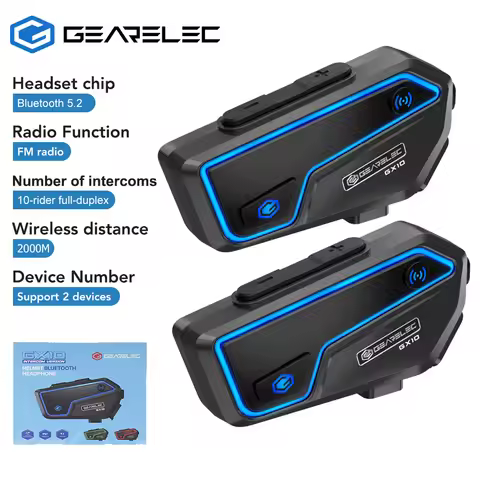 GEARELEC GX10 Motorcycle Intercom Helmet Bluetooth Headset 10 Riders 2km Wireless BT Motorbike Inter