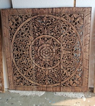 Natural Brown Color Mandala Wood Carving Panel 90 x 90 cm Wall Art Hanging Asian Art Thai Wood Wall