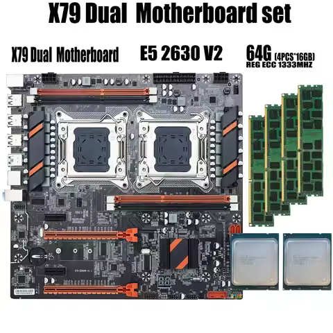 qiyida X79 Dual CPU motherboard set with 2 × Xeon E5 2630 V2 4 × 16GB = 64GB 1333MHz PC3 10600 DDR3 