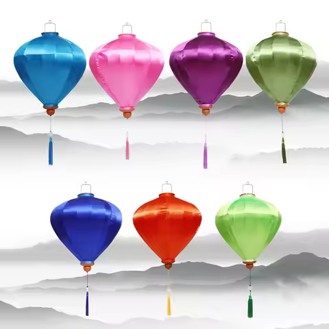 Colorful Diamond Shaped Silk Hanging Lantern Vietnamese Hoi An Satin Lantern with Tassel, Waterproof