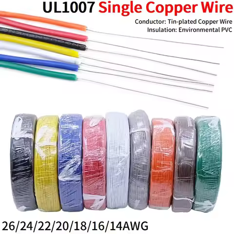 5/20M Single Core Copper Wire 26 24 22 20 18 16 14 AWG PVC Insulation Solid Tinned Plating LED Line 