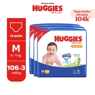 Combo 3 gói Tã quần Huggies Skincare Mega Jumbo M106/L100+4/XL84/XXL76 với tràm trà dịu da