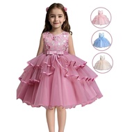 Girls' Flower Embroidery Belted Tulle Tutu Dress, Elegant Sleeveless Round Neck Formal Dress for Par