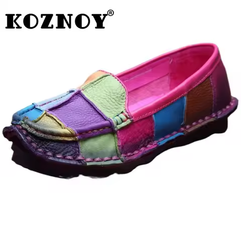 Koznoy 2.5cm Native Flats Shoes Women Natural Cow Genuine Leather Big Size Mixed Color Soft Soled Lo