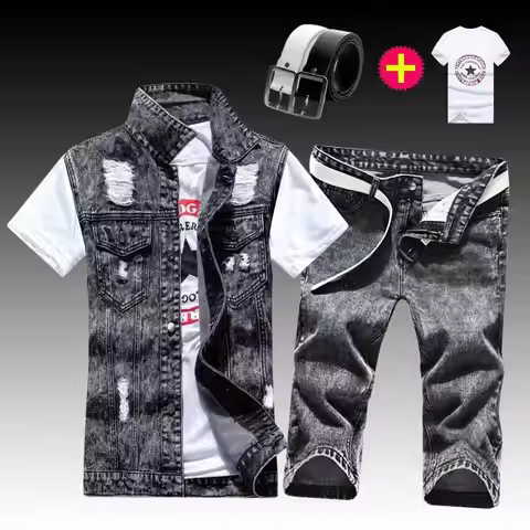 Summer Men Jean Set Sleeveless Jacket Denim shorts New Tide Cowboy Jeans Suit Jacket Handsome Men's 