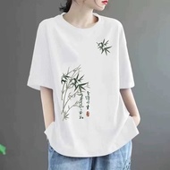 Taiwan Shipping 100% Cotton Retro Chinese Style Bamboo Top Short Sleeve t-Shirt Women's Plain Elegan
