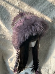 紫色人造毛鉤織連帽  手工製作毛絨連帽圍巾