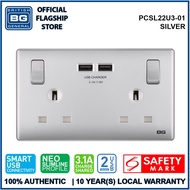 British General (PCSL22U3) Neo Slimline13A Switched Double Socket with USB Charger, 13A, 2 gang SP, 
