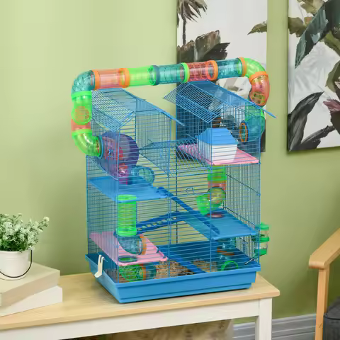 PawHut 18.5" 5-Tier Hamster Cage with Tubes, Tunnels, Water Bottle, Food Dish & Exercise Wheel, Blue