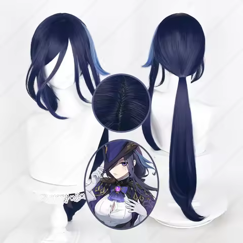 Clorinde Cosplay Wig 80cm Long Blue Highlights Wigs Heat Resistant Synthetic Wigs Halloween Party