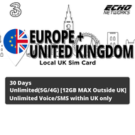 [3UK] 30 Days | 10GB/30GB/60GB/Unlimited(4G/5G) Data | Local Europe/UK SIM Card | Plug and Play | No Registration Required