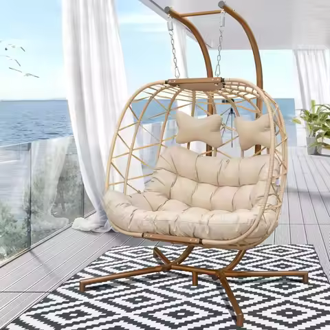 BLUEXYARD 2 Person Hanging Egg Chair with Stand, Extra Large 700 Lbs Wicker Patio Hammock Loveseat S