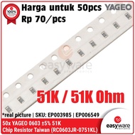 50pcs SMD Resistor 0603 YAGEO 5% 51K Chip Resistor 51K Ohm Resistor SMD