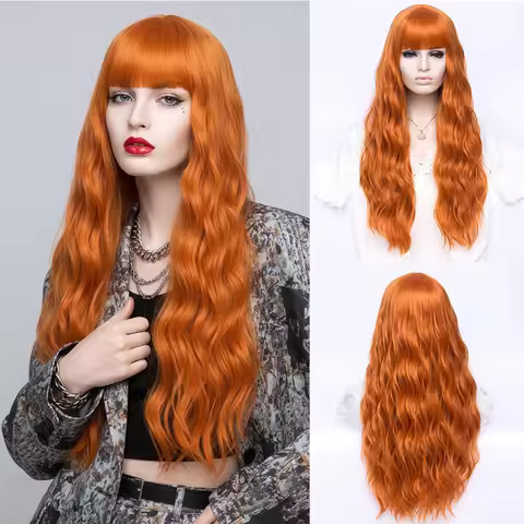 Synthetic Long Orange Curly Wavy Wig with Bangs for Woman Themed Parties Gothic Lolita Styling Reali