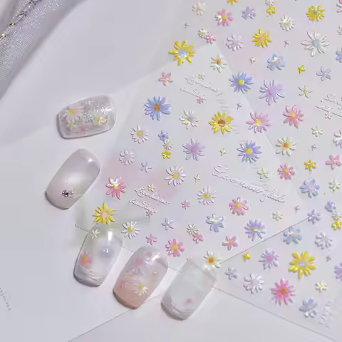 5D Shell Light Nail Sticker Spring Pink Color Daisy Design Nail Charm Stickers self-adhesive Nail Ar