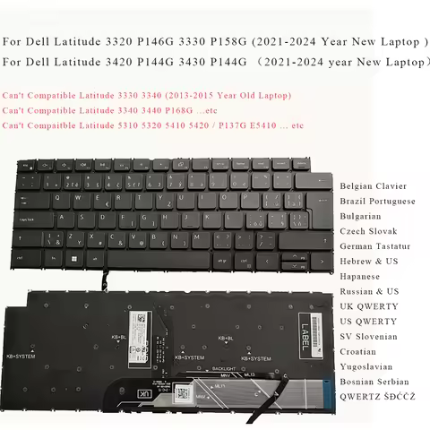 Belgian Brazil Czech GR Hebrew Russian UK US Croatian Keyboard for Dell Latitude 3320 P146G 3330 P15