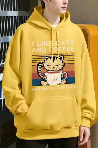 The Cute Cat Drinking Coffee Pattern Men Y2K Hoody Hip Hop Fleece Fashion Hoodie Oversized Streetwea