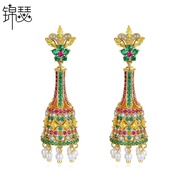 Pearl Long Copper Colorful Zirconium Earrings Style Inlaid Earrings Stone Exaggerated Brocade Earrin