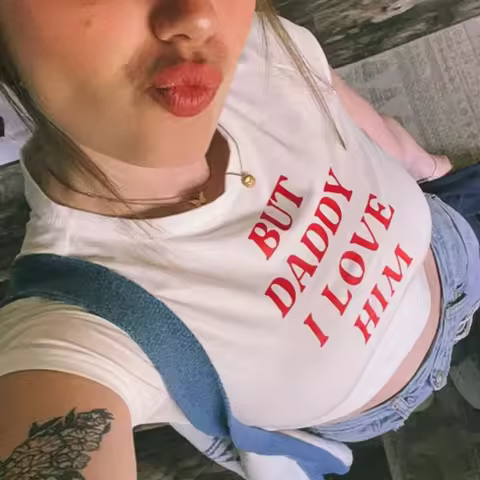 2000s New BUT DADDY I LOVE HIM Letter Graphic Y2K Women Slim T-shirt Crop Top White Woman Clothing S