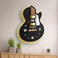 Guitar Design Carved Wall Clock with LED Light Minimalist Home Decoration