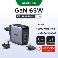 【UK+US+EU】UGREEN 65W GaN 3-Ports Universal Travel Adapter Fast Charger for Phone Laptop Pad for Taiw