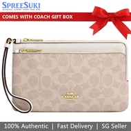 Coach Wristlet In Gift Box Large Wristlet Double Zip Wallet Signature Canvas Sand Light Brown Beige 