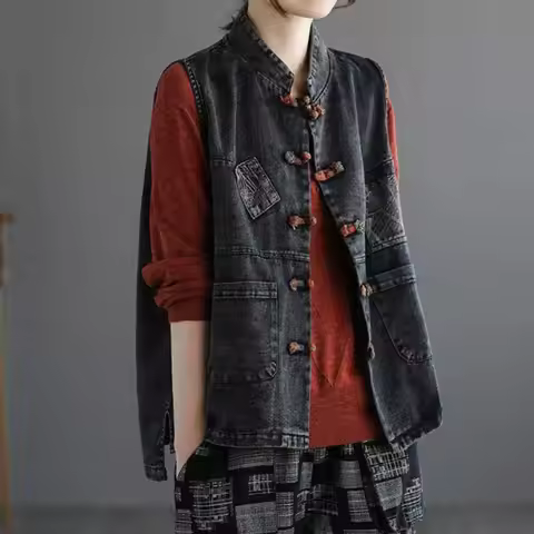 Women Chinese Ethnic Style Vintage Oversize Patch Denim Vest Jacket Female Stand Collar Sleeveless O