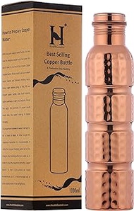 Pure Copper Water Bottle, Hammered Seamless, UNLINED, UNCOATED and LACQURED-FREE, 1000 Ml (33.81 Fl Oz) Capacity For Ayurveda Health Benefits