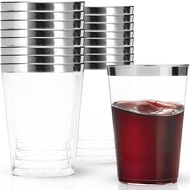 8oz Elegant Silver Rim Tumblers (16 Count) - Premium Clear Plastic Disposable Cups for Parties, Wedd