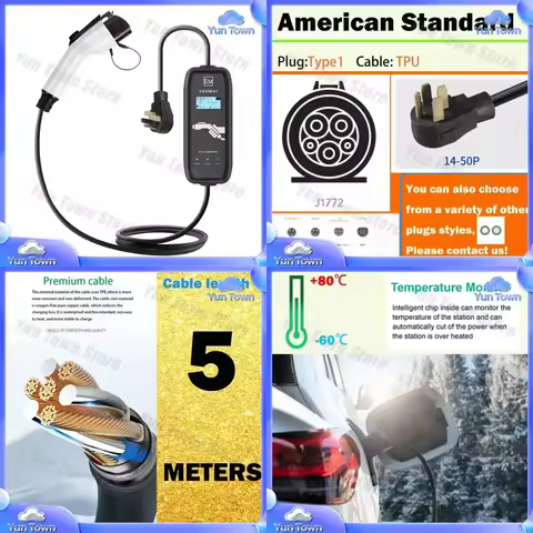 LCD Type1 J1772 40A 240V 9.6kW Portable EV Charger for Home for Tesla Nissan Leaf BMW i3 Kia Soul EV