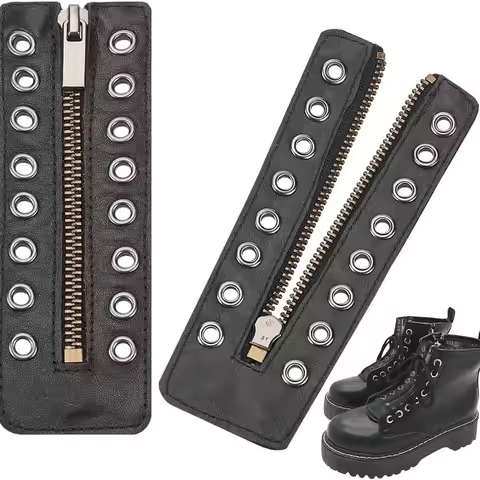 2Pcs PU Leather Zipper Boot Laces, 8-Hole Boot Zipper Inserts, No-Tie Shoelace Zipper Accessories