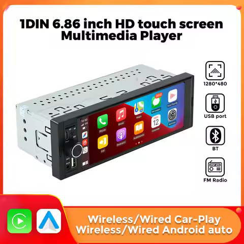 6.86'' Car Radio Wireless CarPlay 1 Din Android Auto MP5 FM Stereo USB Audio 1280*480 HD Screen Head