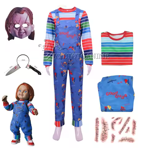 Adult Chucky Cosplay Costume with Striped Shirt and Jumpsuit for Chucky Overalls Halloween Costumes