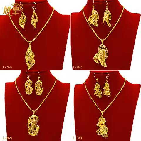African Indian Bridal 2Pcs Pendant Jewelry Set 24K Gold Plated Dubai Women Wedding Necklace&Earrings
