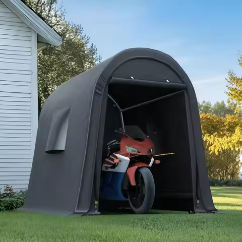 6x8 ft Storage Shed Shelter Steel Metal Round Peak Roof Portable Garage Carport for Motorcycle, Boat