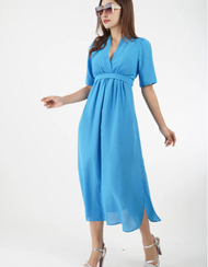 5882D - Wrap V Neck Short Sleeves Pleated Empire Waist Dress