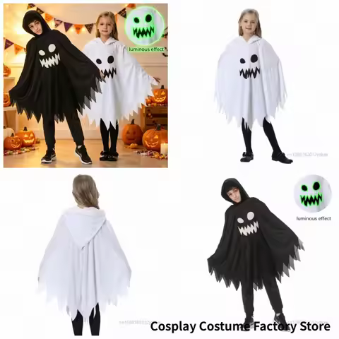 Halloween Costume Enfant Ghost Hooded Cape Luminous Glow Face Cloak Black White Ghost Costume For Tr
