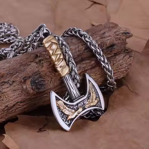Stainless Steel Vikings Axe Necklace Mixed Gold Color Odin Raven Pendant Men's Personality Rune Amul