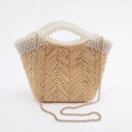 ☃◊ZA Summer Luxury Branded Designer Bags Ladies Sweet Pearl Straw Bag Women Summer Rattan Bags Large