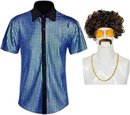 Men's 70s Disco Outfit Costume Short Sleeved Shiny Shirt Wig Necklace Mustard Sunglasses, Z2869bust, 3X-Large