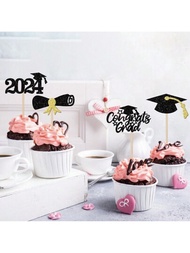 12入組2024畢業主題杯子蛋糕裝飾，閃亮2024畢業帽畢業文憑杯子蛋糕插牌，2024畢業主題派對蛋糕裝飾用品，金色