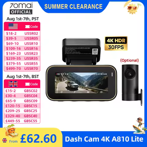 70mai Dash Cam A810 Lite 4K HDR + 1080P, Supercapacitor 4G LTE Remote Control Wi-Fi 6 GPS Voice Cont
