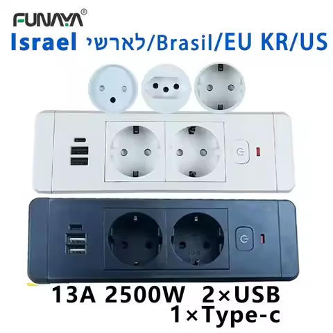 Table Embedded Hidden Power Socket EU KR Israel Brazil with 2 USB Type-c 13A Desktop Power Furniture
