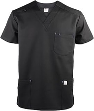 Stretch Mens V-Neck Scrubs Shirt with 3 Pocekts for Dental, Elderly Carer, Vets, Black, XXL