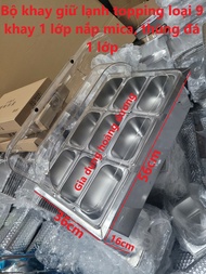 Bộ thùng đá inox làm lạnh topping trà sữa loại 9 khay 1/9 sâu 10cm nắp mica trong